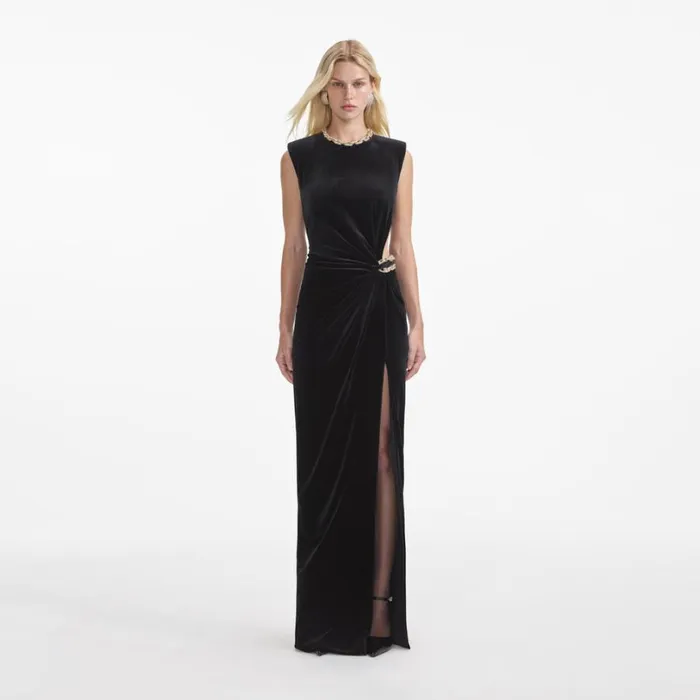 Black Velvet Embellished Maxi Dress Women Self Portrait Dresses