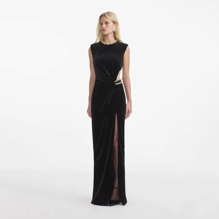 Black Velvet Embellished Maxi Dress Women Self Portrait Dresses
