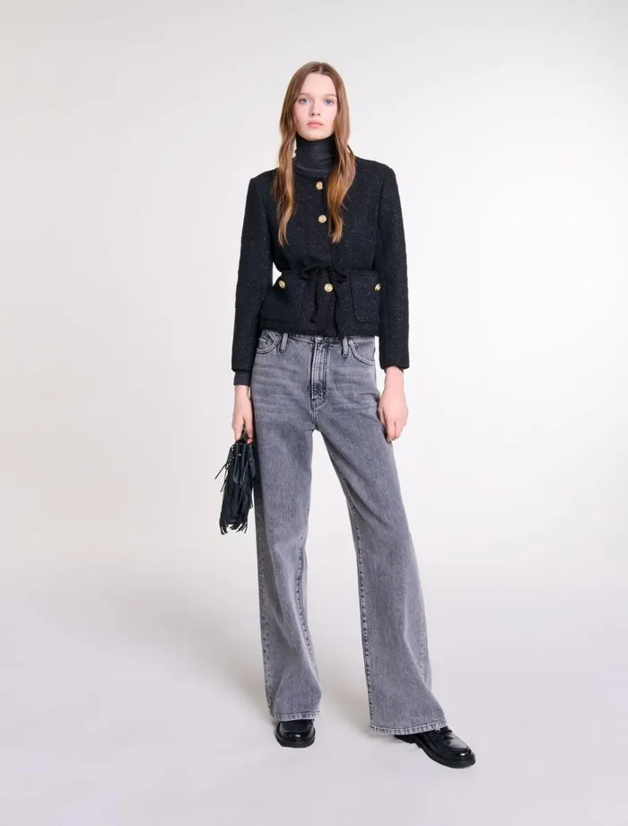 Blazers and Jackets Women Maje Belted Shiny Tweed Jacket Black