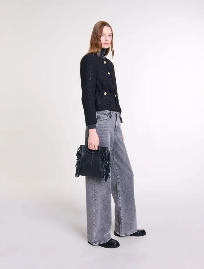 Blazers and Jackets Women Maje Belted Shiny Tweed Jacket Black