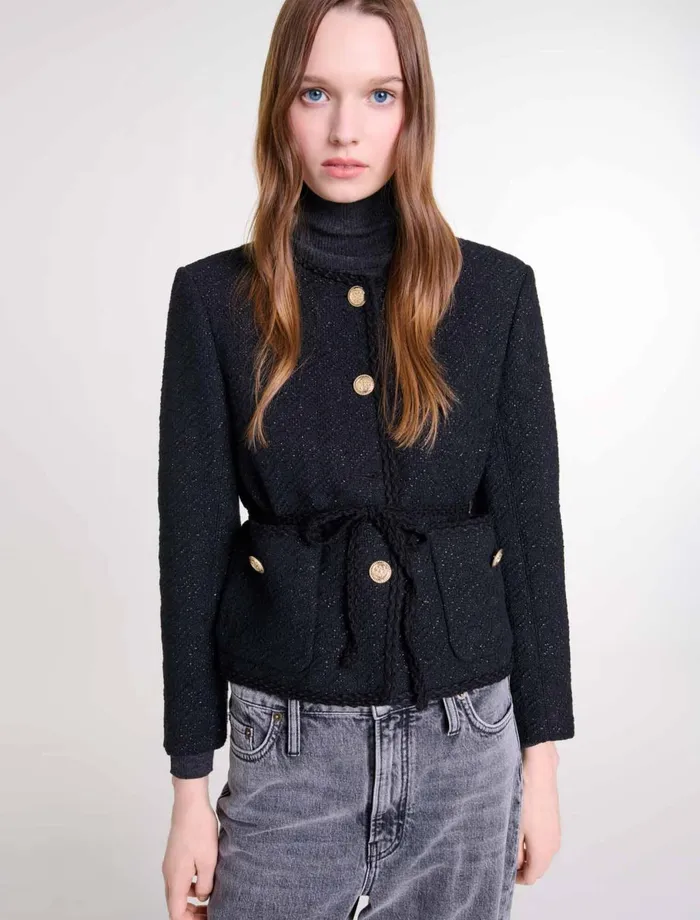 Blazers and Jackets Women Maje Belted Shiny Tweed Jacket Black