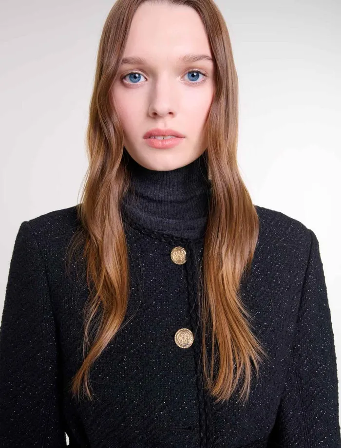 Blazers and Jackets Women Maje Belted Shiny Tweed Jacket Black