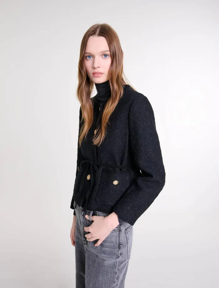 Blazers and Jackets Women Maje Belted Shiny Tweed Jacket Black