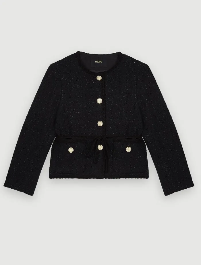 Blazers and Jackets Women Maje Belted Shiny Tweed Jacket Black