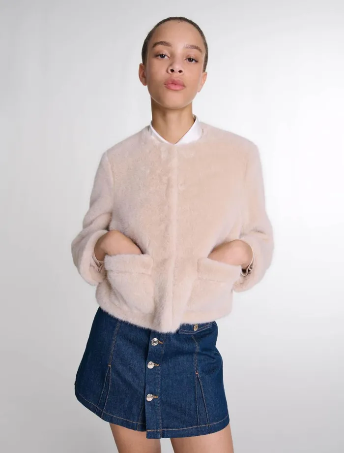 Blazers and Jackets Women Maje Cropped Faux Fur Jacket Beige