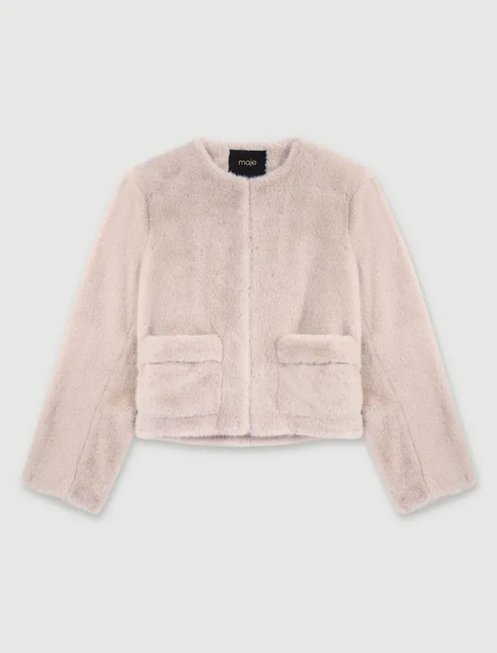 Blazers and Jackets Women Maje Cropped Faux Fur Jacket Beige