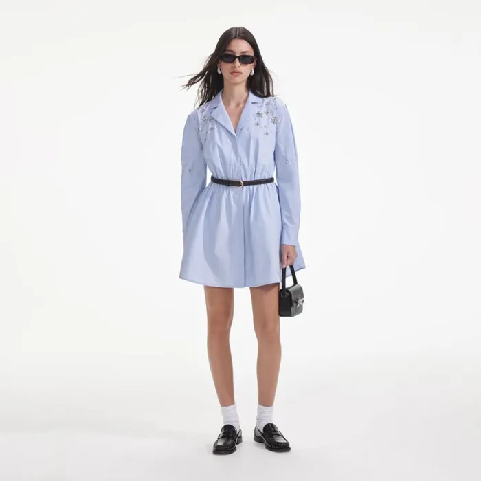 Blue Cotton Embellished Mini Dress Women Self Portrait Dresses