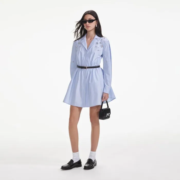 Blue Cotton Embellished Mini Dress Women Self Portrait Dresses Blue Cotton Embellished Mini Dress Women Self Portrait Dresses