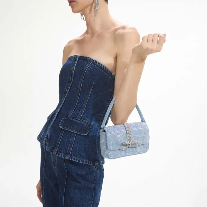 Blue Rhinestone Denim Baguette Bag Women Self Portrait Denim Blue Rhinestone Denim Baguette Bag Women Self Portrait Denim