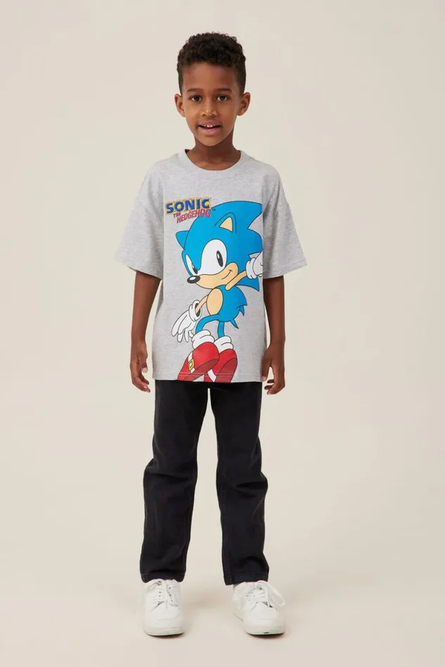 Boys 214 Tops and TShirts Cotton On License Drop Shoulder Short Sleeve Tee Lcn Sonic Fog Grey Marlesonic Hedgehog