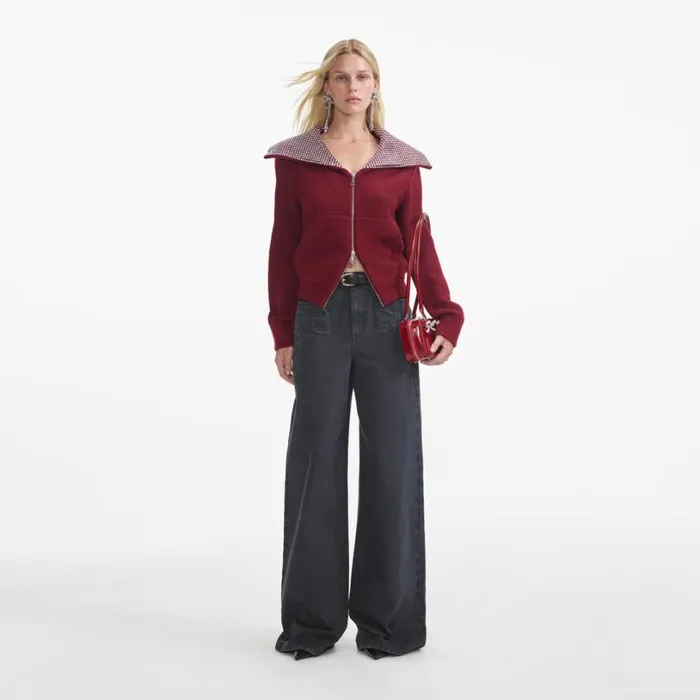 Burgundy Diamante Collar Knit Jacket Women Self Portrait Tops
