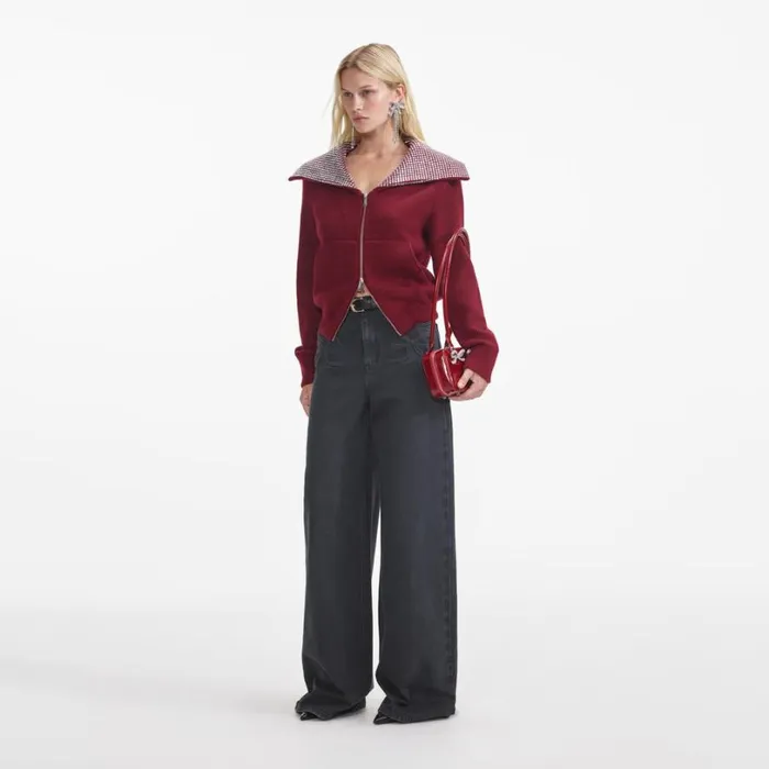 Burgundy Diamante Collar Knit Jacket Women Self Portrait Tops