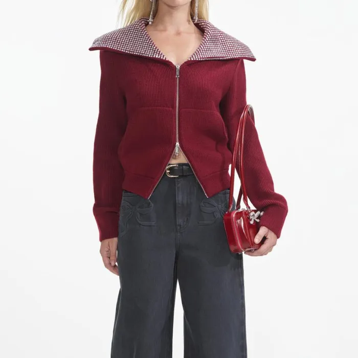 Burgundy Diamante Collar Knit Jacket Women Self Portrait Tops