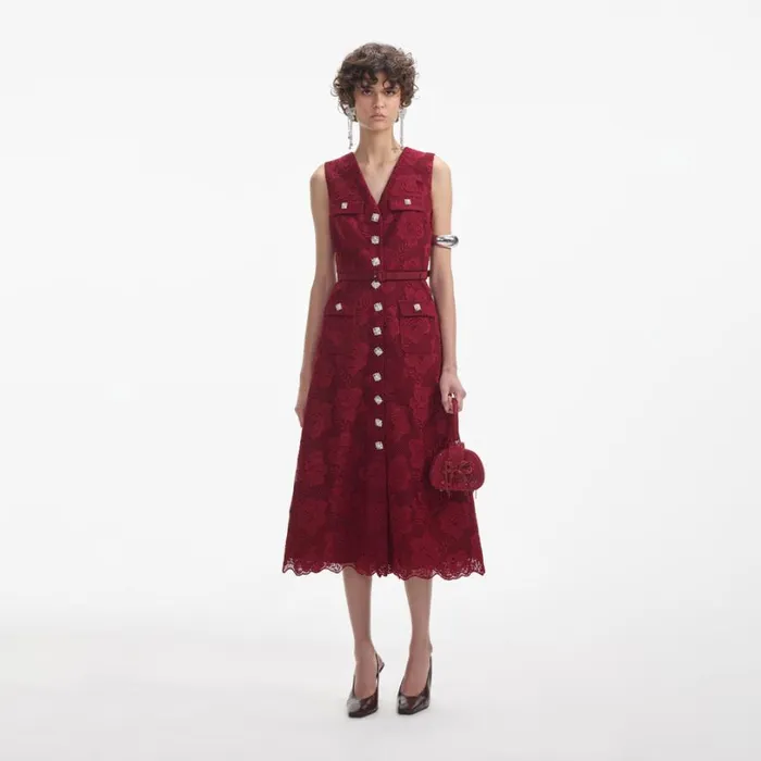 Burgundy Lace Buttoned Midi Dress Women Self Portrait Dresses