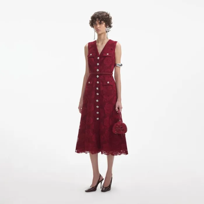 Burgundy Lace Buttoned Midi Dress Women Self Portrait Dresses
