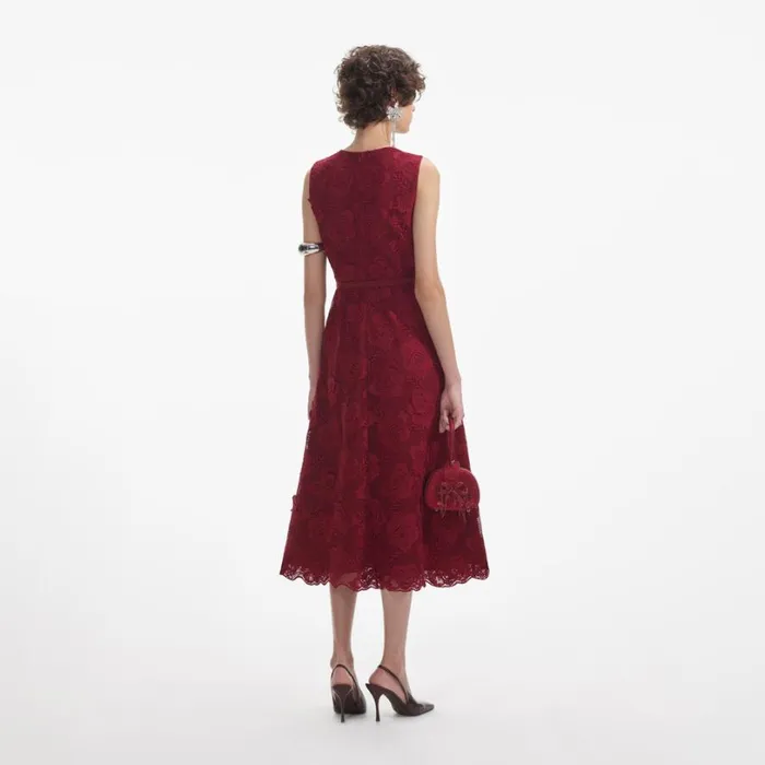 Burgundy Lace Buttoned Midi Dress Women Self Portrait Dresses