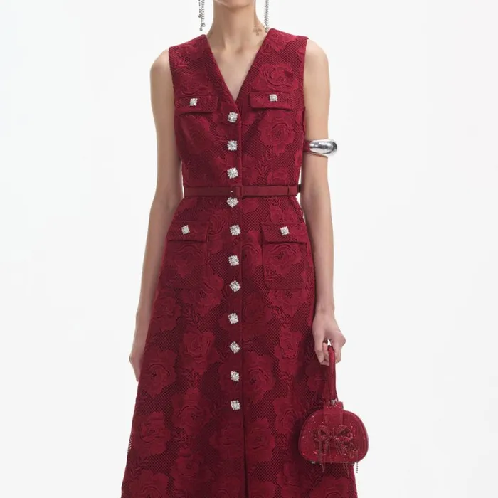 Burgundy Lace Buttoned Midi Dress Women Self Portrait Dresses