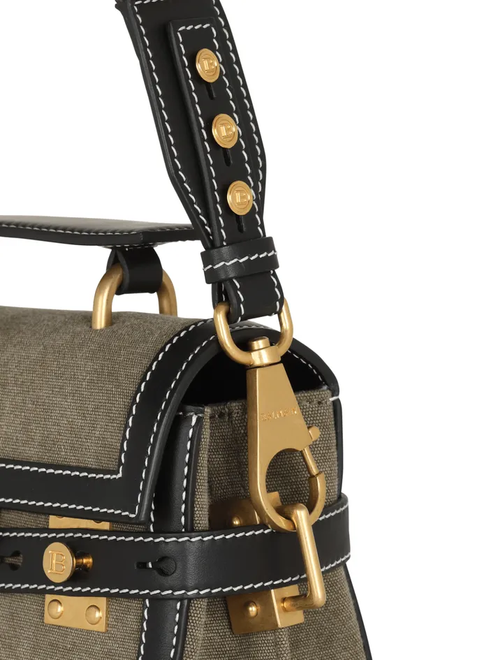 Canvas BBuzz 23 Bag With Leather Panels Khaki Women Balmain Handbags