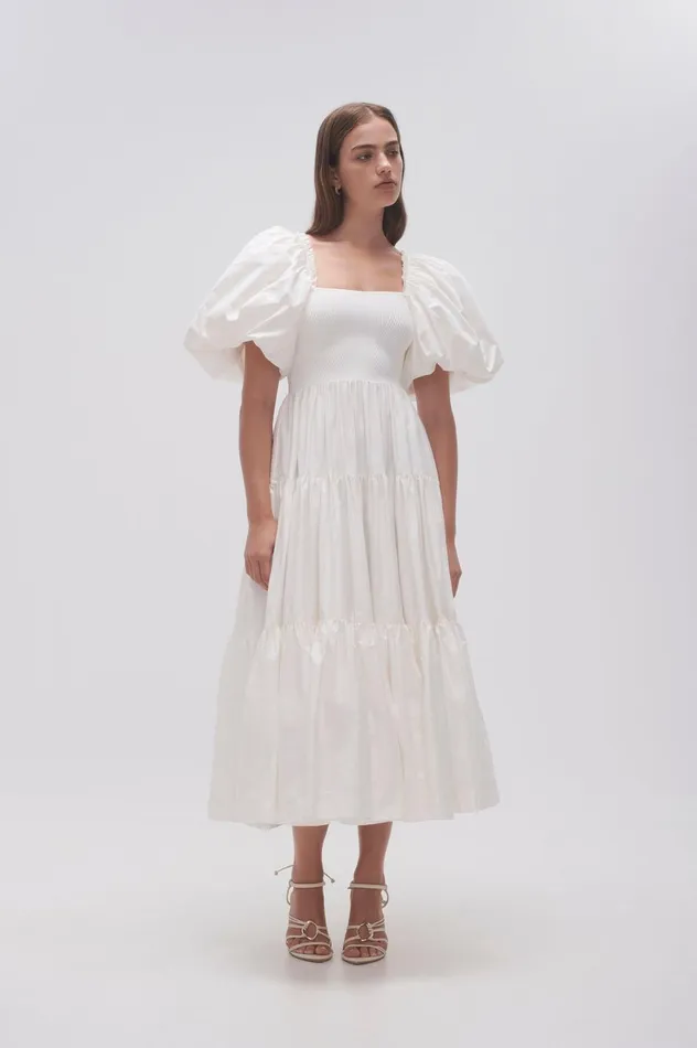 Casa Puff Sleeve Midi Dress Ivory Women Aje Midi Dresses
