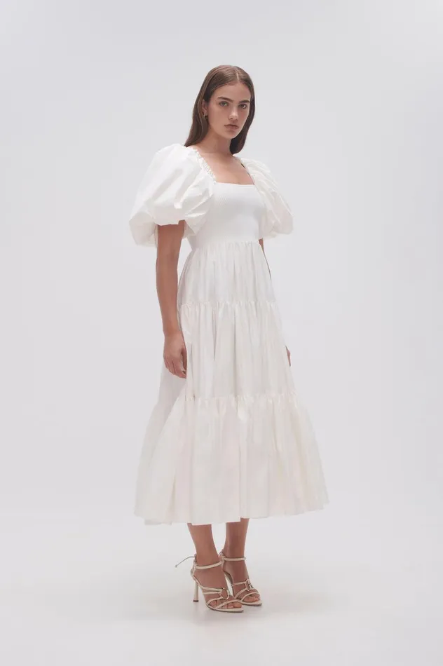 Casa Puff Sleeve Midi Dress Ivory Women Aje Midi Dresses