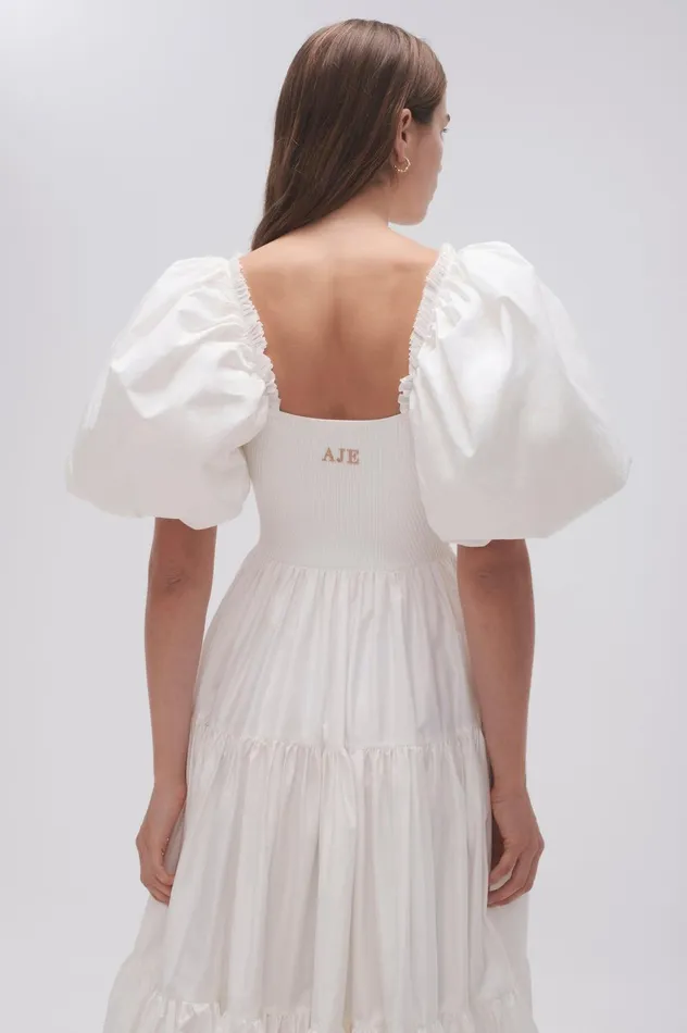 Casa Puff Sleeve Midi Dress Ivory Women Aje Midi Dresses