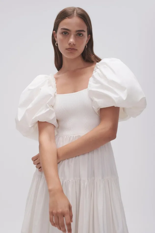 Casa Puff Sleeve Midi Dress Ivory Women Aje Midi Dresses