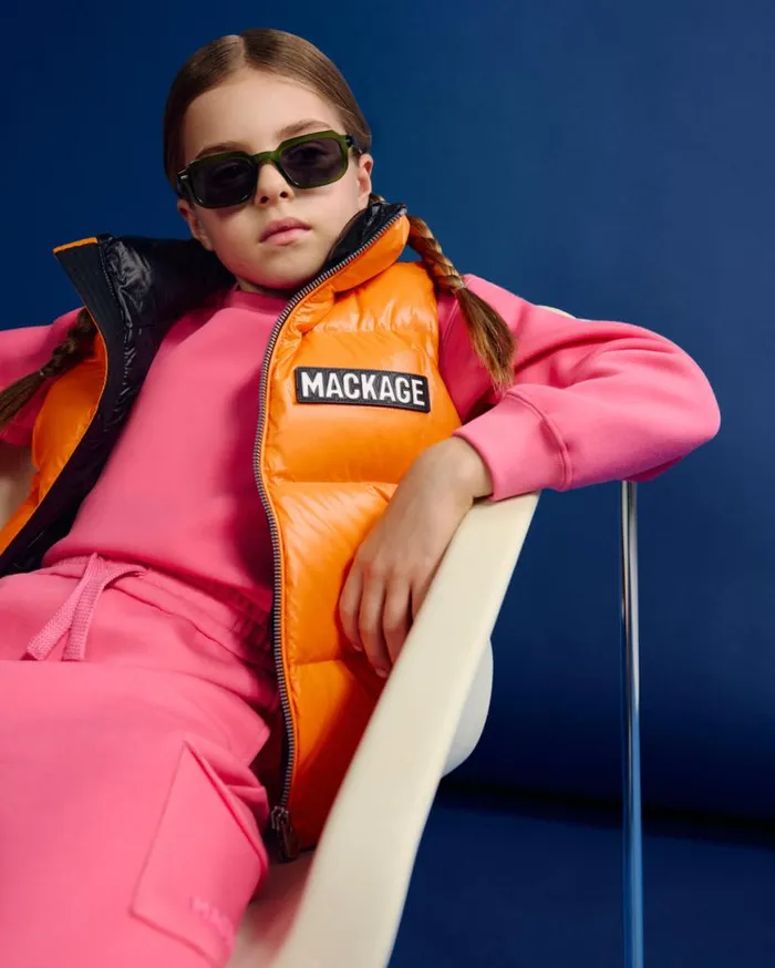 Coats and Jackets Kids Mackage CHARLEE Lustrous Light Down Puffer Vest For Kids 814 Years Flame