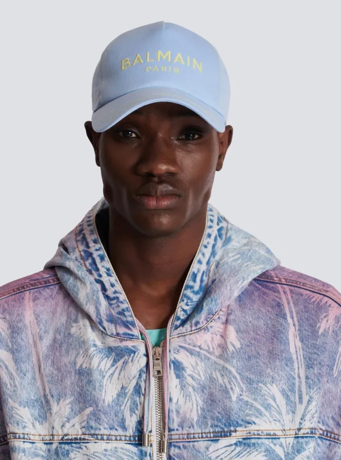Cotton Cap With Paris Embroidery Blue Men Balmain Hats And Caps