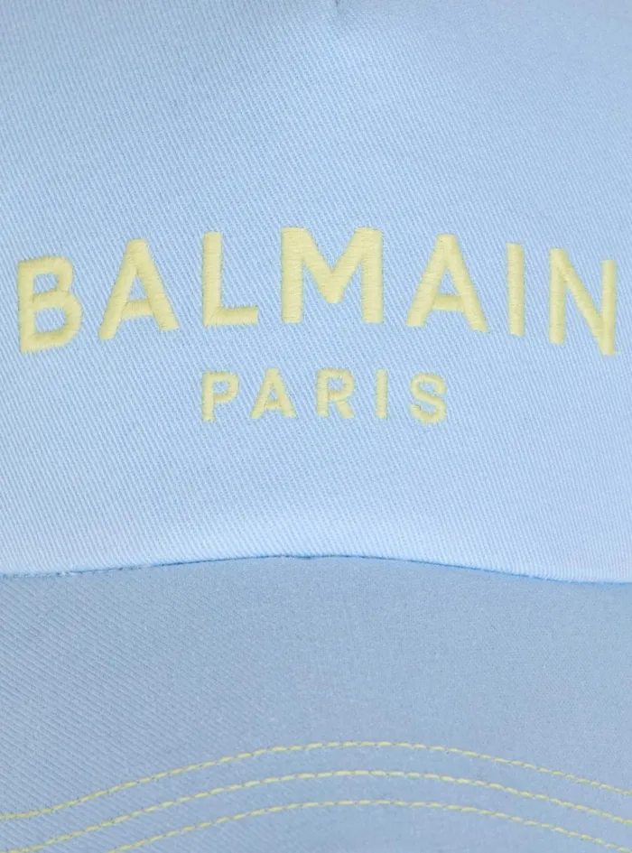 Cotton Cap With Paris Embroidery Blue Men Balmain Hats And Caps
