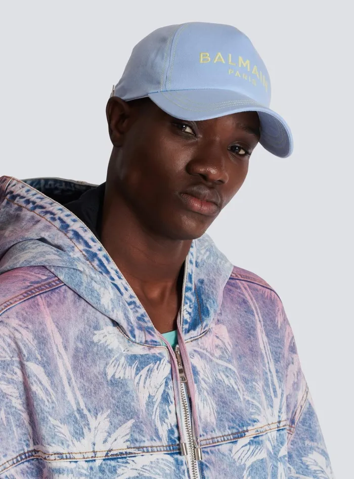 Cotton Cap With Paris Embroidery Blue Men Balmain Hats And Caps