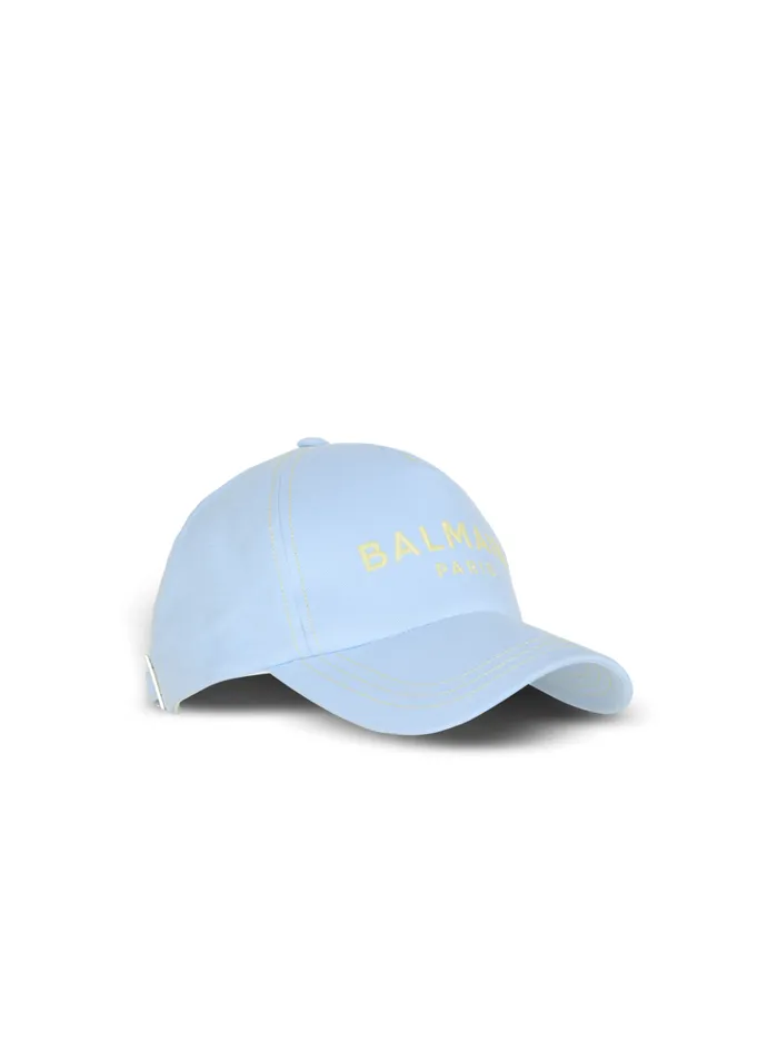 Cotton Cap With Paris Embroidery Blue Men Balmain Hats And Caps