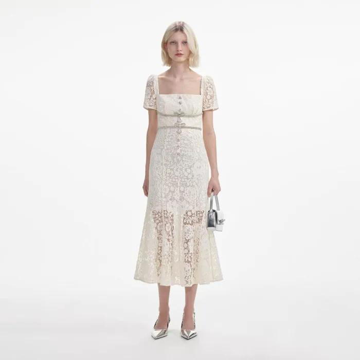 Cream Lace Diamante Bow Midi Dress Women Self Portrait Dresses