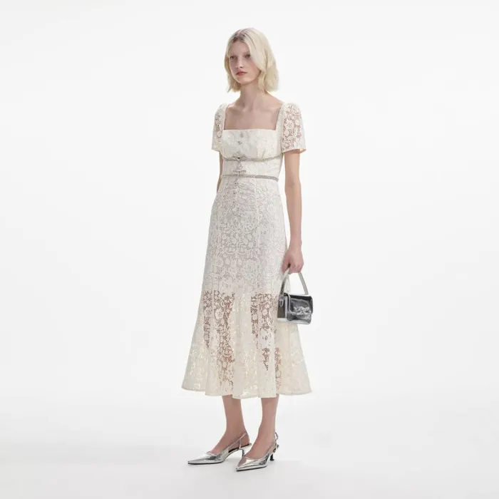 Cream Lace Diamante Bow Midi Dress Women Self Portrait Dresses