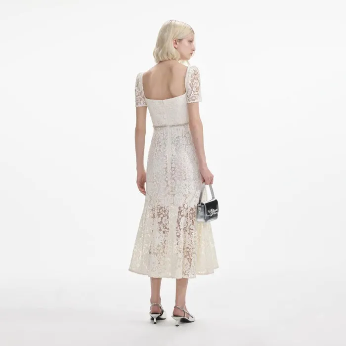 Cream Lace Diamante Bow Midi Dress Women Self Portrait Dresses