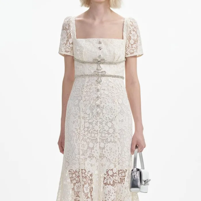 Cream Lace Diamante Bow Midi Dress Women Self Portrait Dresses