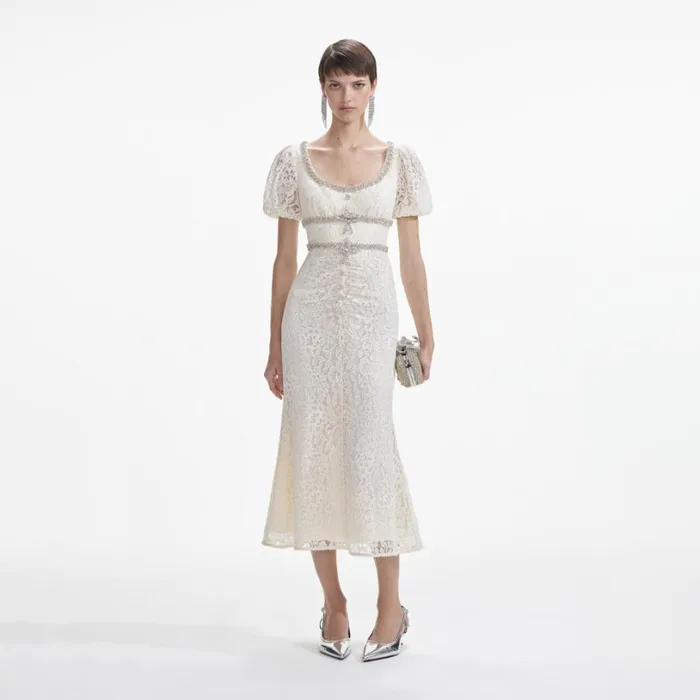 Cream Lace Diamante Trim Midi Dress Women Self Portrait Dresses