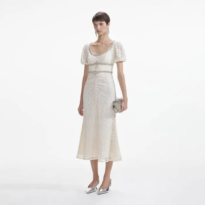 Cream Lace Diamante Trim Midi Dress Women Self Portrait Dresses