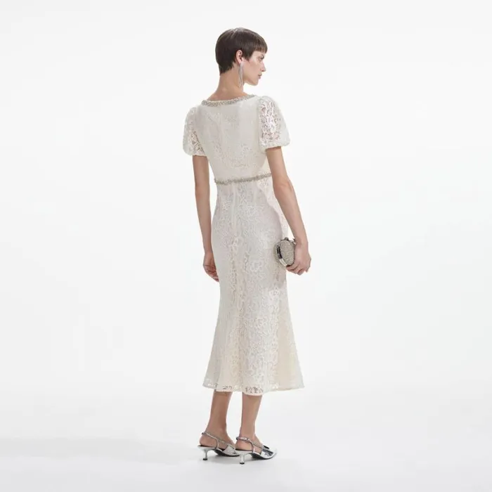 Cream Lace Diamante Trim Midi Dress Women Self Portrait Dresses