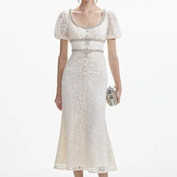Cream Lace Diamante Trim Midi Dress Women Self Portrait Dresses