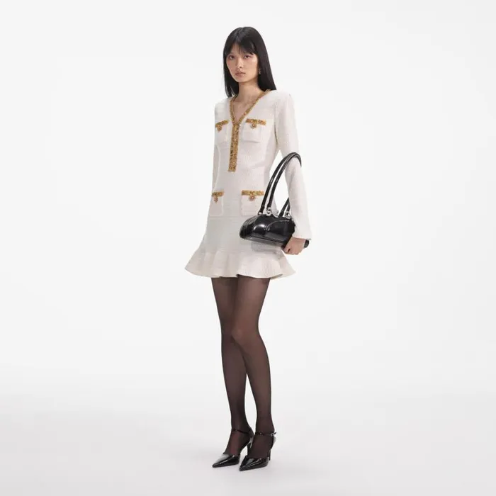 Cream Lurex Knit Mini Dress Women Self Portrait Dresses