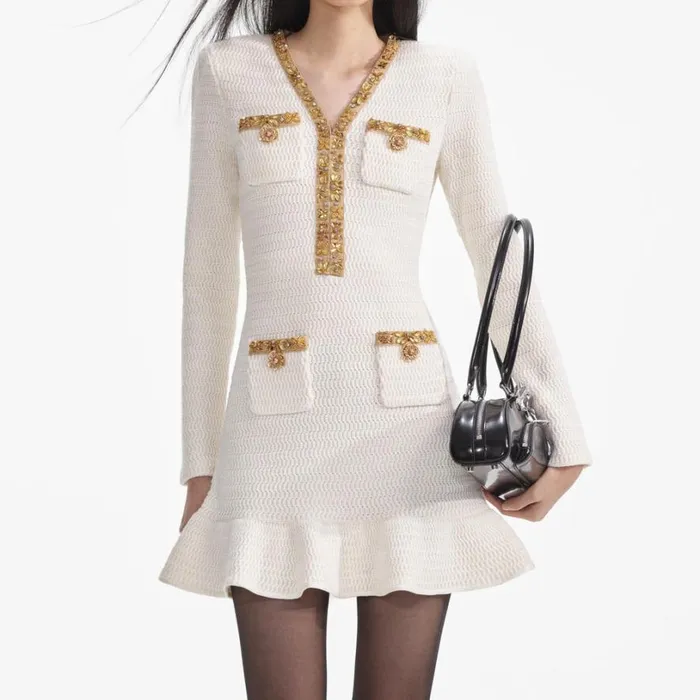 Cream Lurex Knit Mini Dress Women Self Portrait Dresses