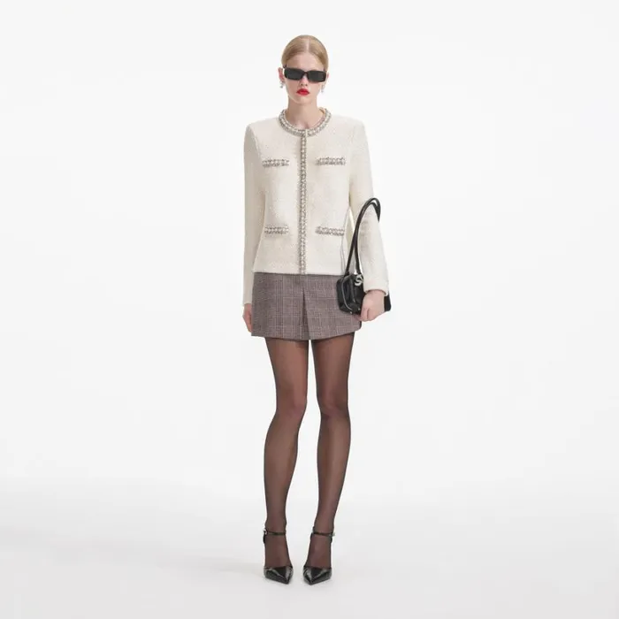 Cream Textured Knit Embellished Cardigan Women Self Portrait Tops
