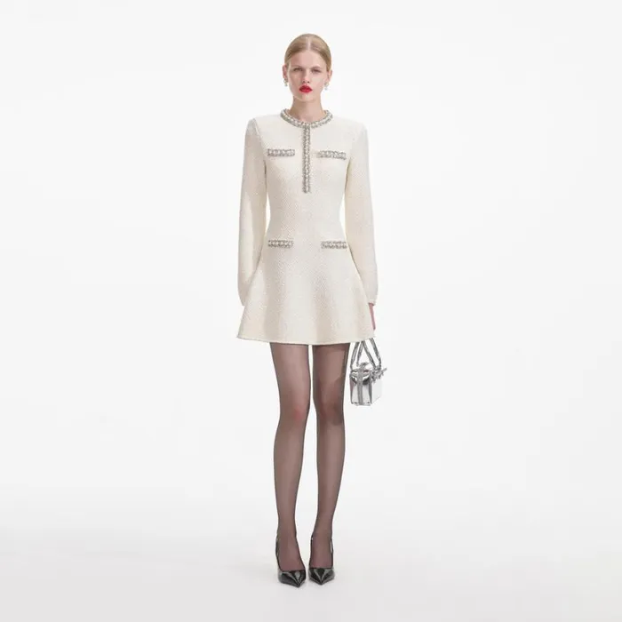 Cream Textured Knit Embellished Mini Dress Women Self Portrait Dresses