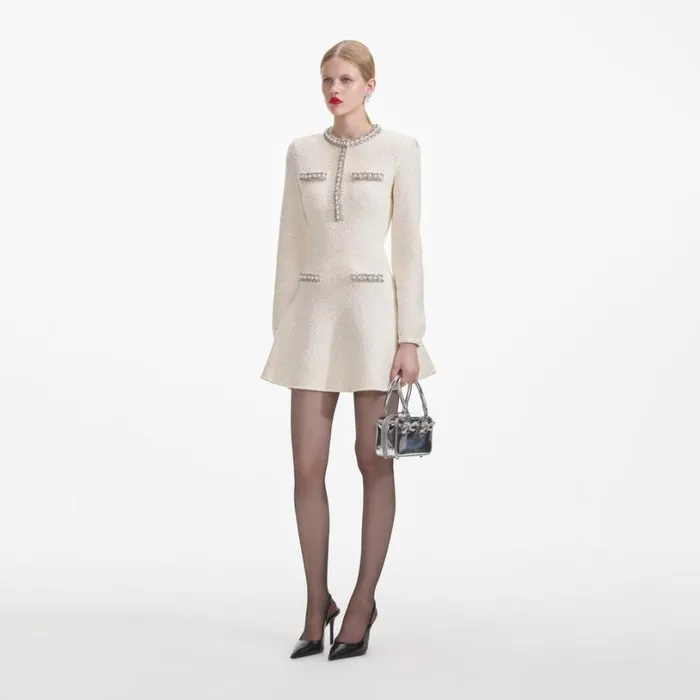 Cream Textured Knit Embellished Mini Dress Women Self Portrait Dresses Cream Textured Knit Embellished Mini Dress Women Self Portrait Dresses
