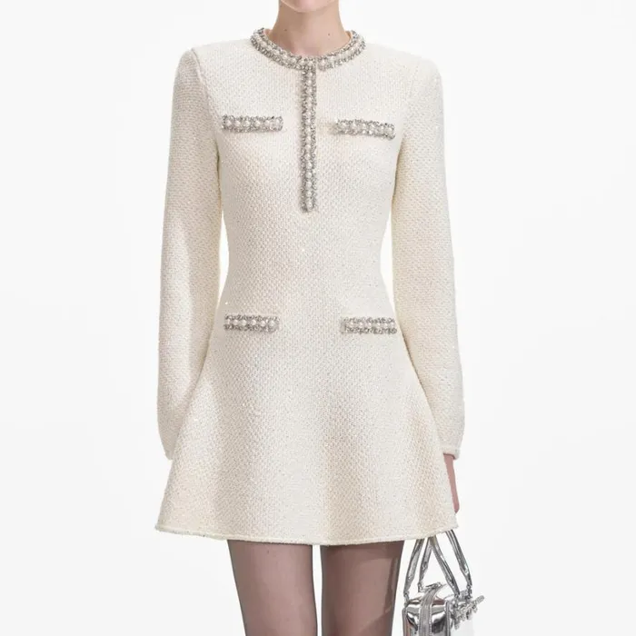 Cream Textured Knit Embellished Mini Dress Women Self Portrait Dresses Cream Textured Knit Embellished Mini Dress Women Self Portrait Dresses