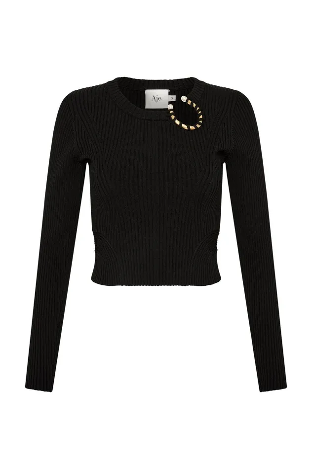 Crescent Knit Crop Top Black Women Aje Knitwear 038 Jumpers