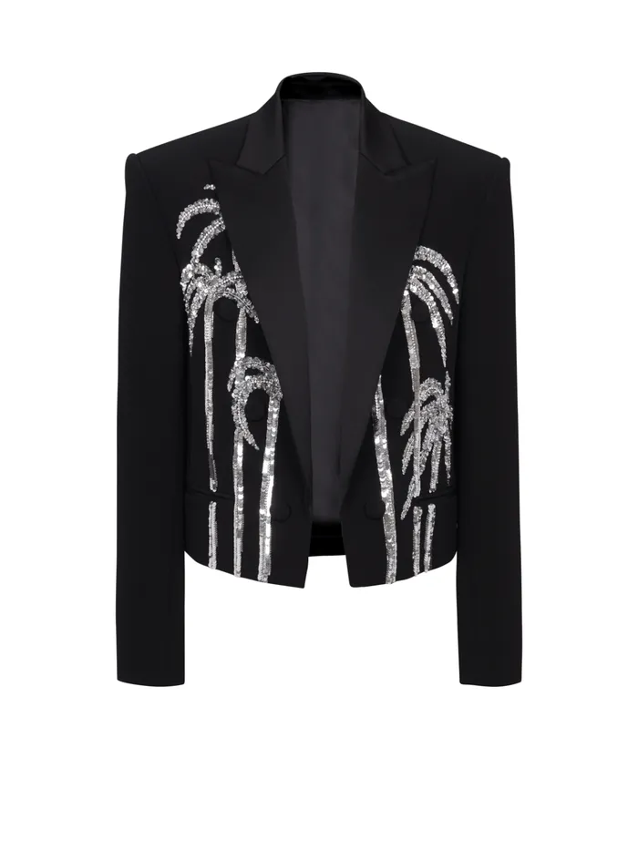 Cropped Crepe Jacket With Palm Tree Embroidery Black Men Balmain Jackets And Blazers