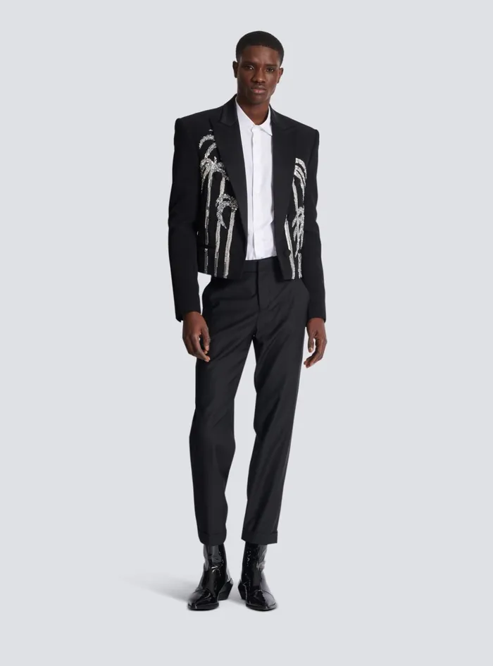 Cropped Crepe Jacket With Palm Tree Embroidery Black Men Balmain Jackets And Blazers