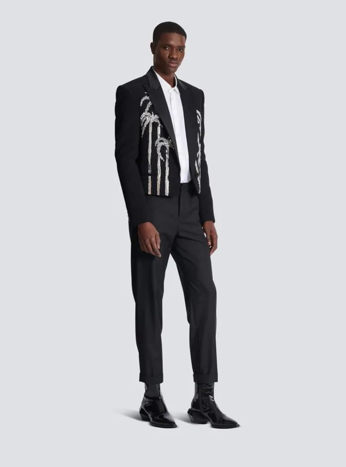 Cropped Crepe Jacket With Palm Tree Embroidery Black Men Balmain Jackets And Blazers