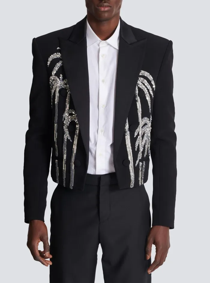 Cropped Crepe Jacket With Palm Tree Embroidery Black Men Balmain Jackets And Blazers